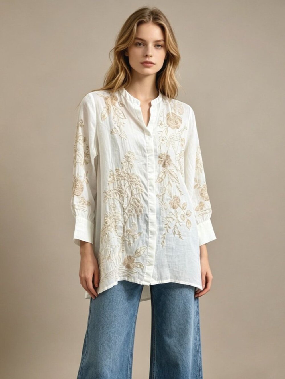 NWOT Johnny Was Embroidered Floral Cream Cotton Button Tunic Blouse Size S